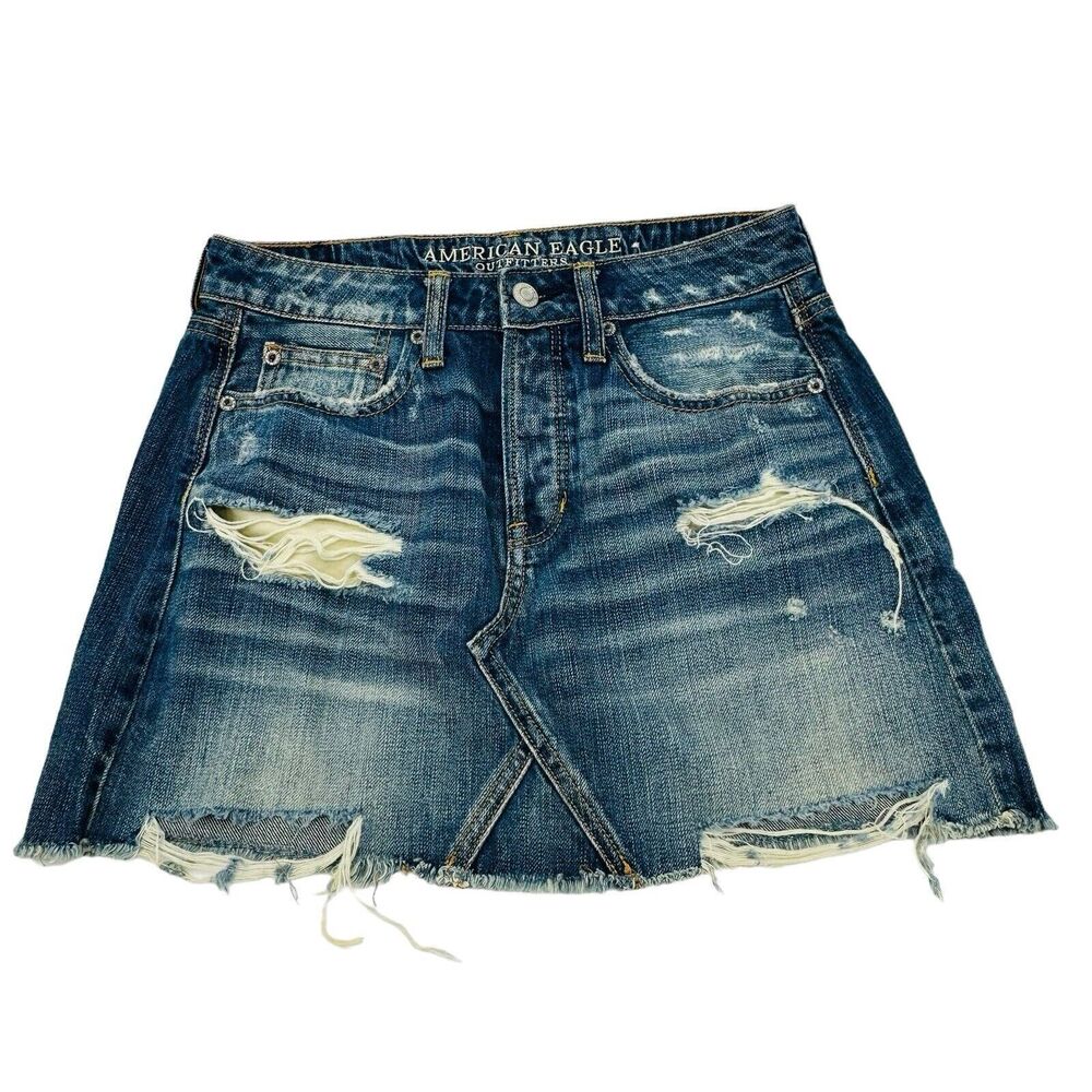 American Eagle Denim Mini Skirt Distressed Frayed Hem 14" Womens Size 0 Blue EUC